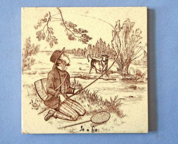 Antique Wedgwood Tile "In a Fix" Sport Fishing Series Bungalow Bill Antiques
