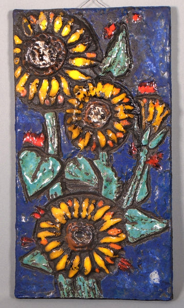 Ruscha Mid Century Modern Wall Tile of Sunflowers, West German Art Pottery Plaque Bungalow Bill Antique
