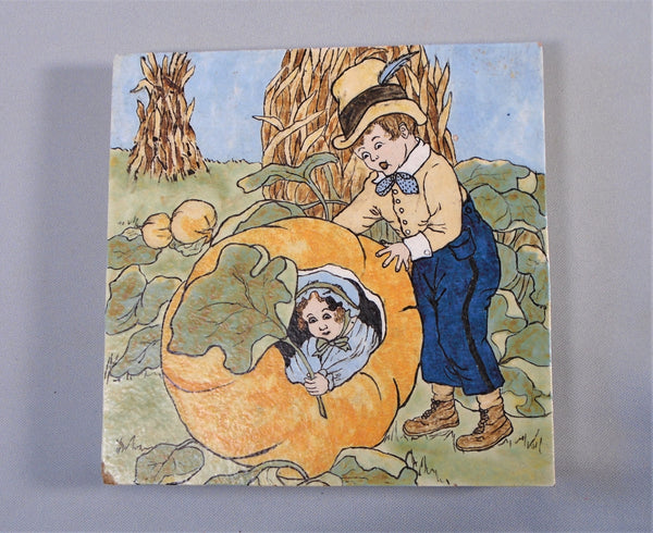 Vintage Hand Painted Tile Children in a Pumpkin Patch with Corn Stalks Penny Marshall Bungalow Bill Antique