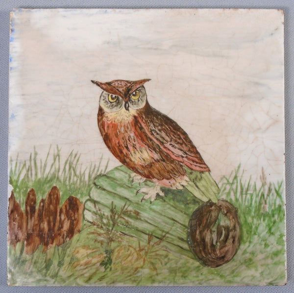 Victorian Era Hand Painted Tile of an Owl Bungalow Bill Antique