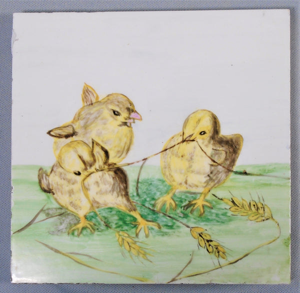 Victorian Era Hand Painted Tile of Baby Chicks Bungalow Bill Antique