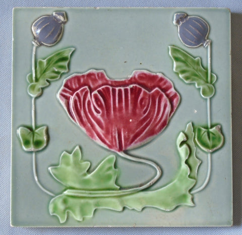 Vintage German Art Nouveau Tile of a Red Poppy