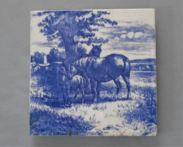 Minton Tile Trivet Animals of the Farm Series, Horses in Blue and White Bungalow Bill Antique