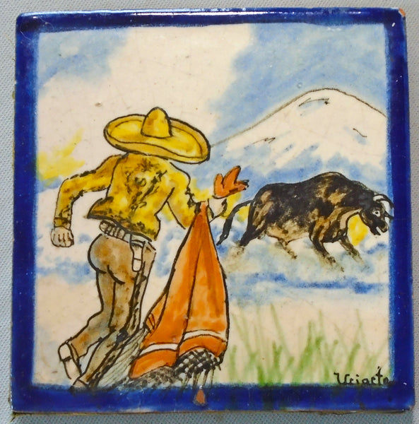 Uriarte Mexican Talavera Tile Man meets Bull Bungalow Bill Antique