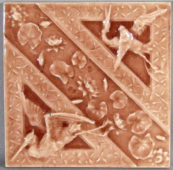 American Encaustic Aesthetic Movement Tile with Cranes
