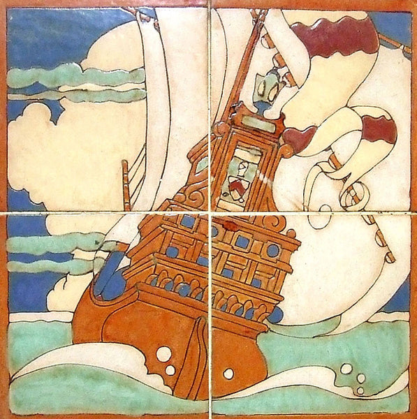 Tropico Gladding McBean Ship Tile Panel in a Mahogany Greene & Greene Style Frame